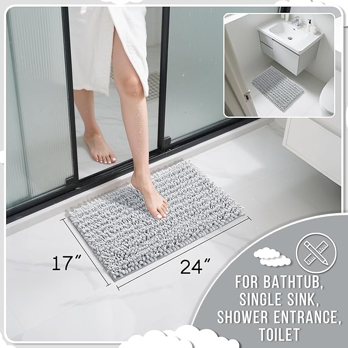 Yimobra Bathroom Rugs Non Slip Washable 24x17 Inch - Ultra Soft Absorbent Chenille Bath Mat, Quick Dry Shaggy Floor Carpet for Tub Shower, Silver Home Decor Accessories