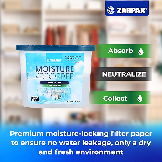 Moisture Absorber Fresh Cotton 10.5 oz/300g | Removes Moisture, Damp & Humidity | Odor Absorber With Fresh Cotton Fragrance | Moisture Trap for Bathroom, Closet, Kitchen | Set of 4