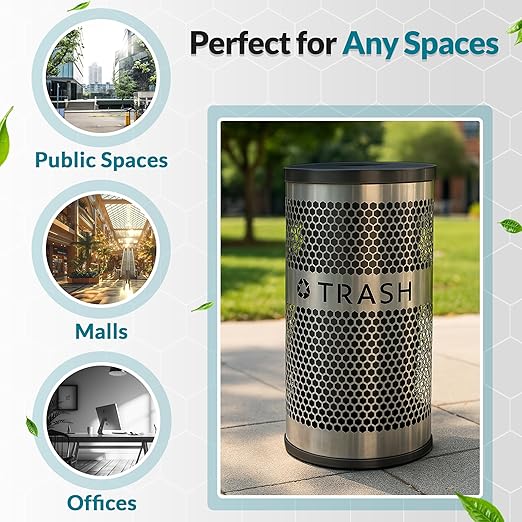 30 Gallon Perforated Stainless Steel Round Trash Receptacle Commercial Indoor Decorative