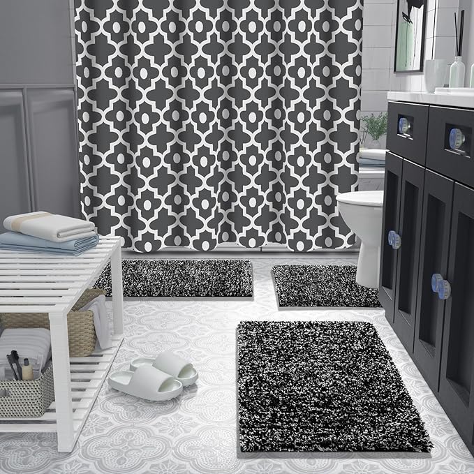 Yimobra Bathroom Rugs Sets 2 Piece, Soft Absorbent Bath Mat and U-Shaped Toilet Rug with Non Slip Backing, Machine Washable, Plush Shaggy Bath Mats for Bathroom, 32"x20"+24"x20", Black and White