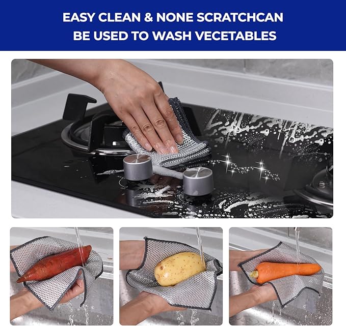 12PCS Non-Scratch Multipurpose Steel Wire Dishcloths - Reusable Quick-Dry Odor-Free Scrub Cloths for Dishes, Kitchen Cleaning Cloths for Cookware, Sinks, Stove Tops(9.84X9.84)