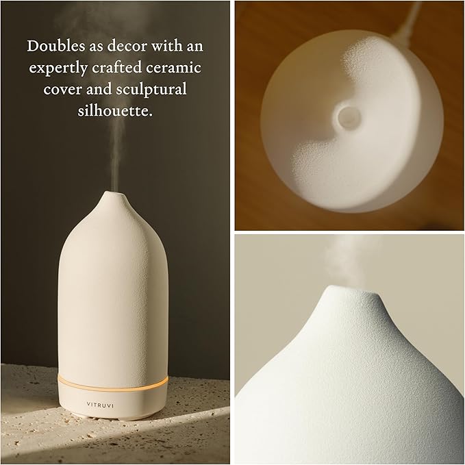 Vitruvi Stone Diffuser, Ceramic Ultrasonic Essential Oil Diffuser for Aromatherapy | Ceramic Diffuser, Diffusers for Home, Oil Diffuser, Housewarming Gift, Original Diffuser | White, 90ml Capacity