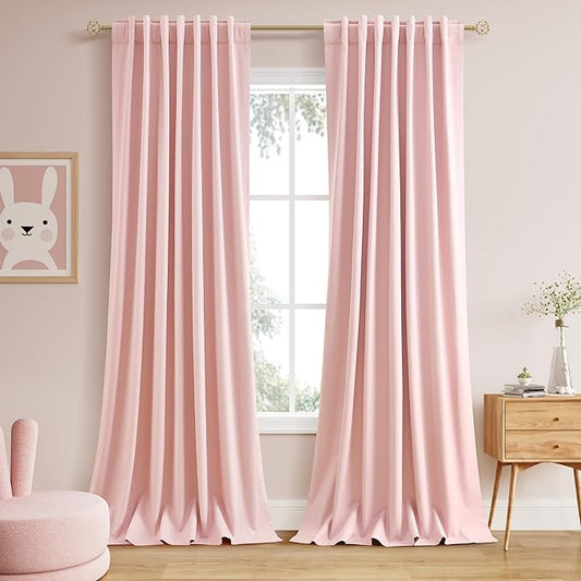 Blackout Pink Linen Curtains 96 Inches Long Back Tab Heat Reflective Full Light Block Out Curtain 2 Panels for Bedroom Window Textured Long Draperies with Liner Floor to Ceiling Length 52x96