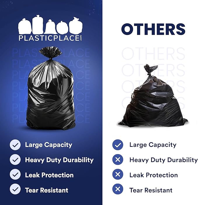Plasticplace 55-60 Gallon Trash Bags, 1.2 Mil Heavy Duty Contractor Garbage Bags, Black Tear-Resistant Bags for Construction, Yard Waste, Industrial Use, Large 38” x 58” (100 Count)