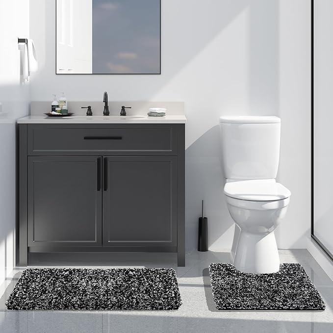 Yimobra Bathroom Rugs Sets 2 Piece, Soft Absorbent Bath Mat and U-Shaped Toilet Rug with Non Slip Backing, Machine Washable, Plush Shaggy Bath Mats for Bathroom, 32"x20"+24"x20", Black and White