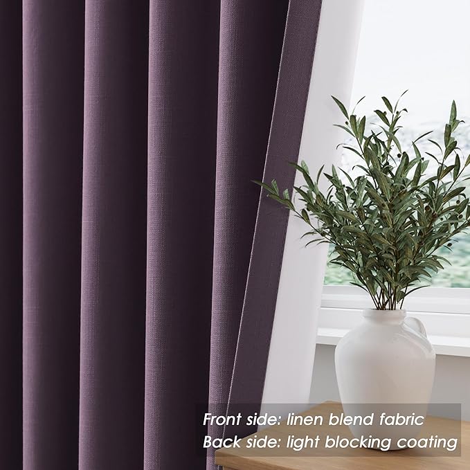 Nanspring Plum Linen Blackout Curtains 102 Inches Long Back Tab Rod Pocket Flax Linen Sound Proof Sun Block Out Thermal Insulated 2 Panels Set for Nursery Rustic Farmhouse Curtains Drapes 52x102