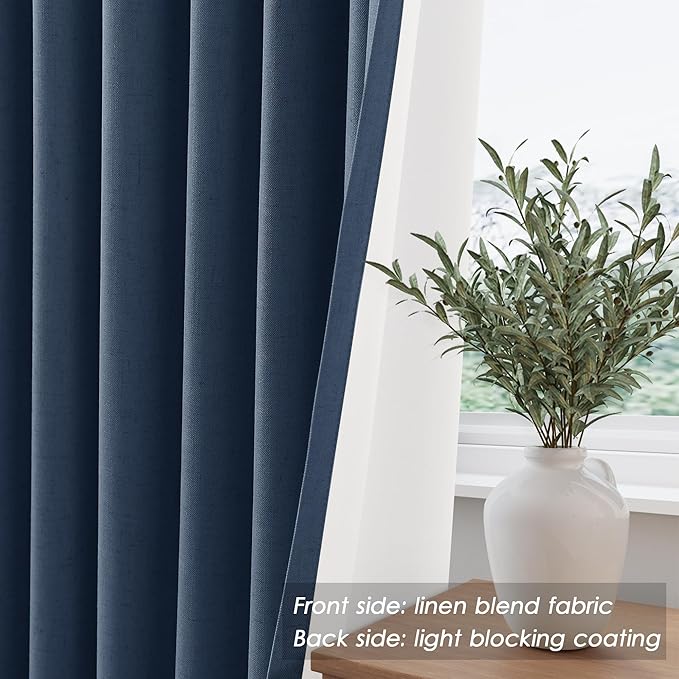 2 Panels Set Denim Blue Linen Curtains 120 Inch Length Extra Long 10 FT Back Tab Pocket High Ceiling to Floor 10FT Thermal Insulated Total Light Blocking for Dining Room Cottage Windows 52x120