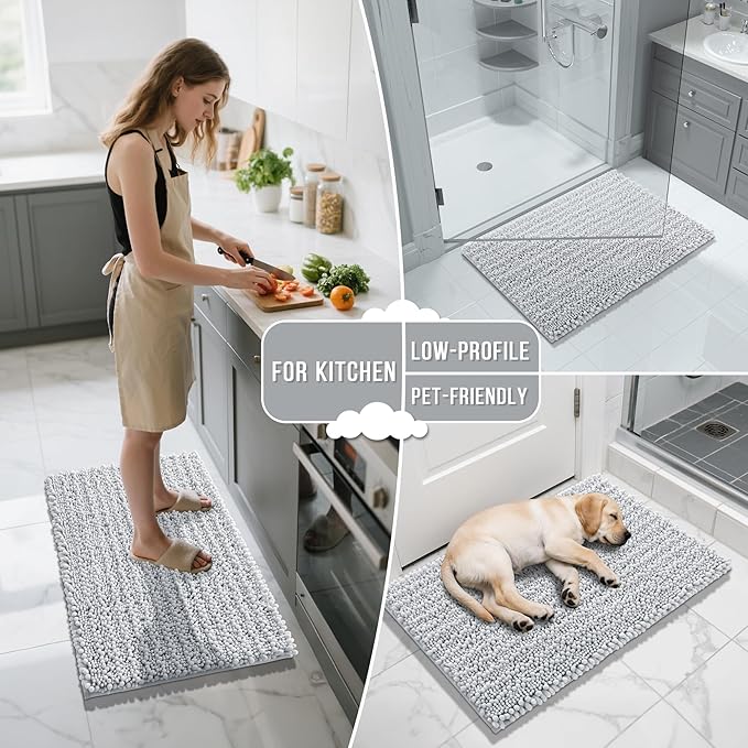 Yimobra Bathroom Rugs Non Slip Washable 24x17 Inch - Ultra Soft Absorbent Chenille Bath Mat, Quick Dry Shaggy Floor Carpet for Tub Shower, Silver Home Decor Accessories