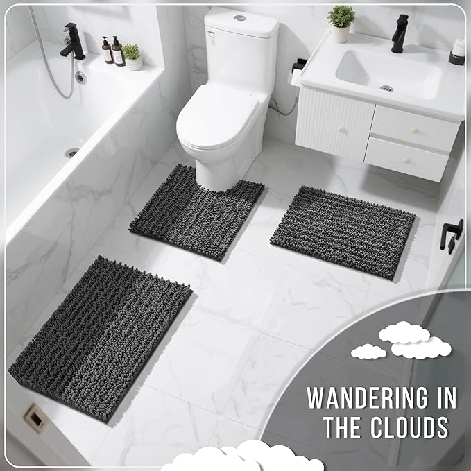 Yimobra Bathroom Rugs Non Slip Washable 24x17 Inch - Ultra Soft Absorbent Chenille Bath Mat, Quick Dry Shaggy Floor Carpet for Tub Shower, Dark Gray Home Decor Accessories