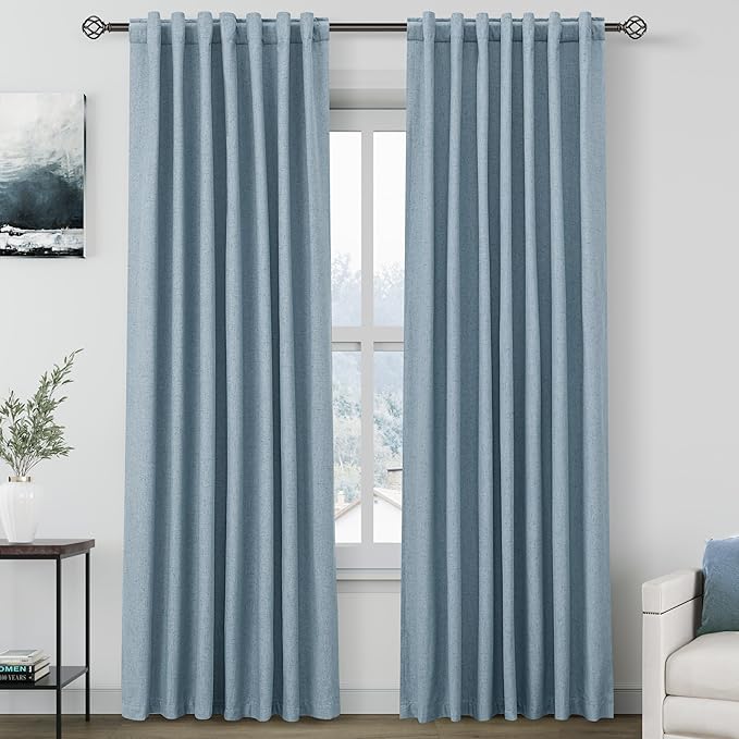 Linen Blend Blue Blackout Curtains for Bedroom 2 Panel Sets 84 inch Length Back Tab Thermal Insulated Sun Block Out Curtains Dusty Blue Gray Farmhouse Living Room Darkening Drapes 52x84 Light Blue