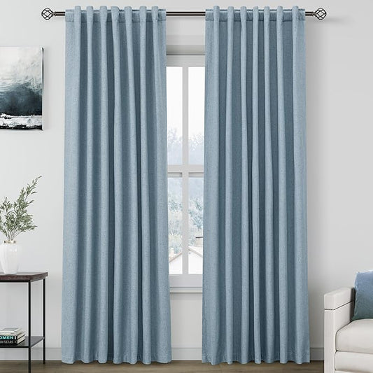 Linen Blend Blue Blackout Curtains for Bedroom 2 Panel Sets 84 inch Length Back Tab Thermal Insulated Sun Block Out Curtains Dusty Blue Gray Farmhouse Living Room Darkening Drapes 52x84 Light Blue
