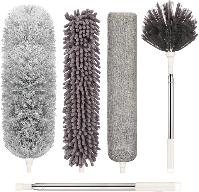 Microfiber Duster with Extension Pole(Stainless Steel) 30 to 100 Inches, Washable Dusters, Reusable Dusters, Bendable Duster for High Ceiling, Cleaning Ceiling Fan, Furniture, Blinds, Cars