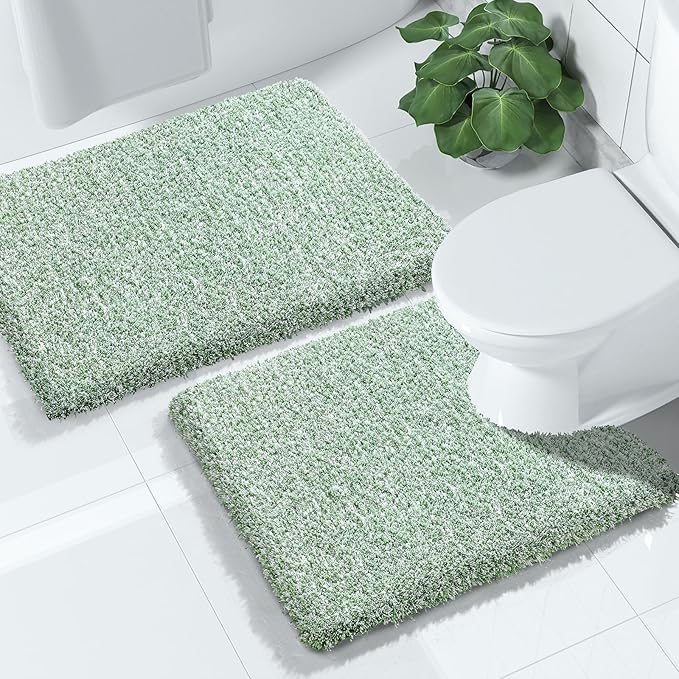 Yimobra Bathroom Rugs Sets 2 Piece, Soft Absorbent Bath Mat and U-Shaped Toilet Rug with Non Slip Backing, Machine Washable, Plush Shaggy Bath Mats for Bathroom, 24"x17"+24"x20", Light Green and White