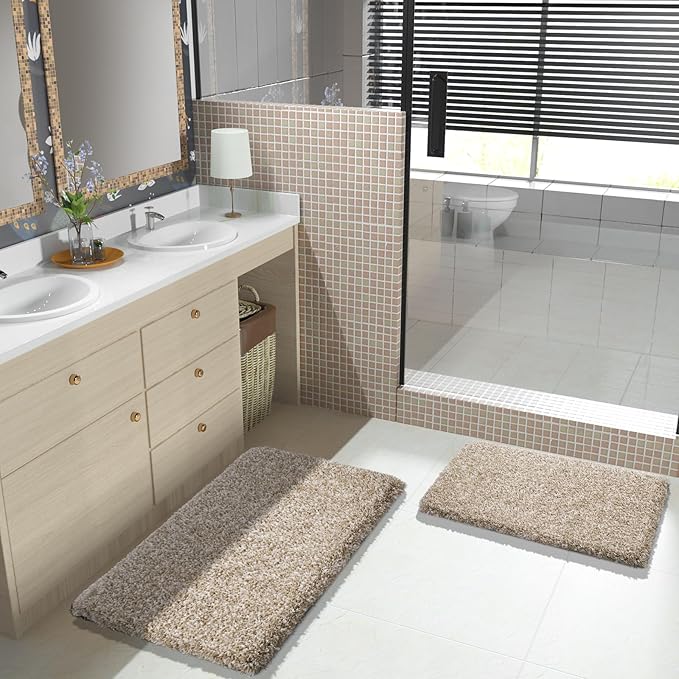 Yimobra Bathroom Rug Set 2 Piece, Soft Absorbent Microfiber Bath Mat Set, Non Slip Machine Washable Dry, Plush Shaggy Shower Rugs for Bathroom Floor, 32"x20"+24"x17", Light Brown and White