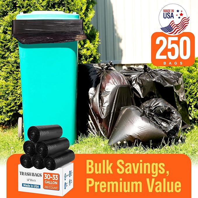 Delxo 30-33 Gallon Trash Bags, 250 Count – Medium Duty Garbage Bags, Thick, Durable & Puncture-Resistant Plastic Bolsas para basura, Perforated Design– Made in USA for Kitchen, Yard, Office (Black)