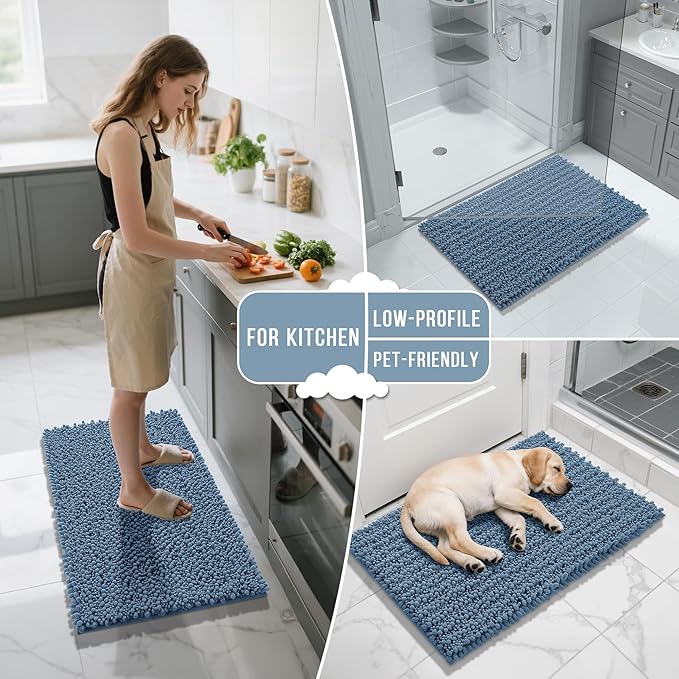Yimobra Bathroom Rugs Non Slip Washable 24x17 Inch - Ultra Soft Absorbent Chenille Bath Mat, Quick Dry Shaggy Floor Carpet for Tub Shower, Denim Blue Home Decor Accessories