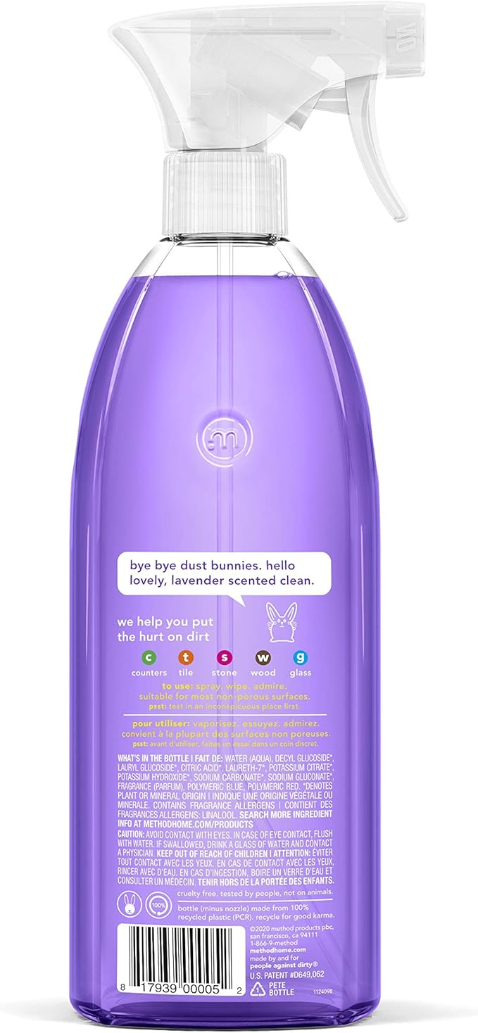 Method All-Purpose Cleaner Spray, French Lavender, Plant-Based and Biodegradable Formula Perfect for Most Counters, Tiles and More, 28 Fl Oz, (Pack of 4)