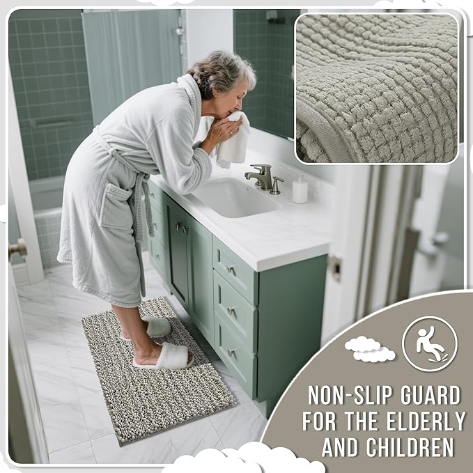Yimobra Bathroom Rugs Non Slip Washable 32x20 Inch - Ultra Soft Absorbent Chenille Bath Mat, Quick Dry Shaggy Floor Carpet for Tub Shower, Sand Home Decor Accessories