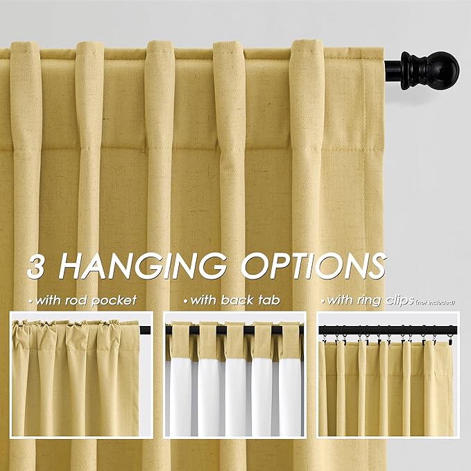 Blackout Gold Linen Curtains 120 Inch Long Thermal Insulated 2 Panels Farmhouse Back Tab Extra Long 10 FT Draperies Light Blocking Darkening Living Room Curtains for High Ceiling Bedrooms 52X120