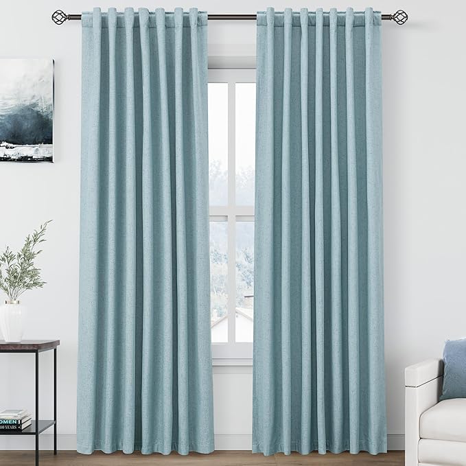 Nanspring Light Blue Linen Blackout Curtains 84 Inches for Bedroom Modern Farmhouse Living Room Draperies Cream Colored Thermal Insulated Full Shading Curtains for Sliding Door 52x84