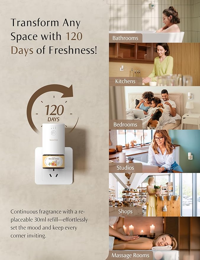 SF101 Waterless Ultrasonic Essential Oil Diffuser–100% Plant-Based,120-Day Natural Air Freshener & Aromatherapy Diffuser for Home,Hotel,Studio–Covers up to 100㎡-Golden Warmth