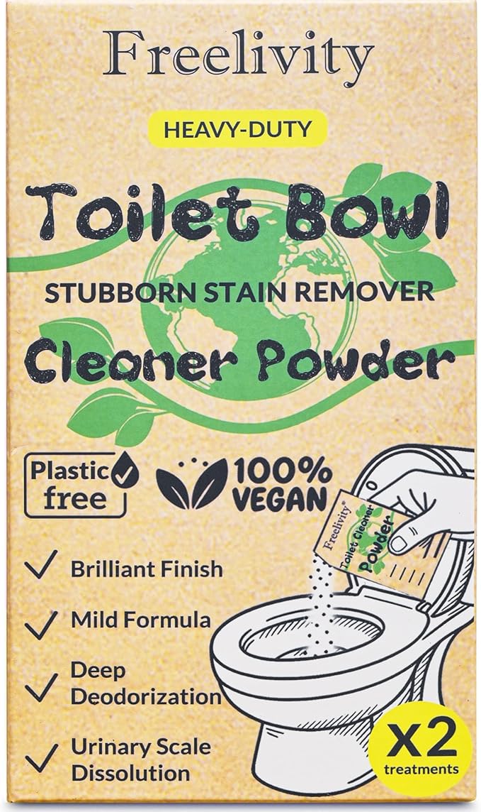 Freelivity Heavy Duty Toilet Bowl Cleaner Powder - Cleans Hard Water Rings, Calcium Buildup & Stains - 2 Treatments - Plastic-Free, 1 Pack