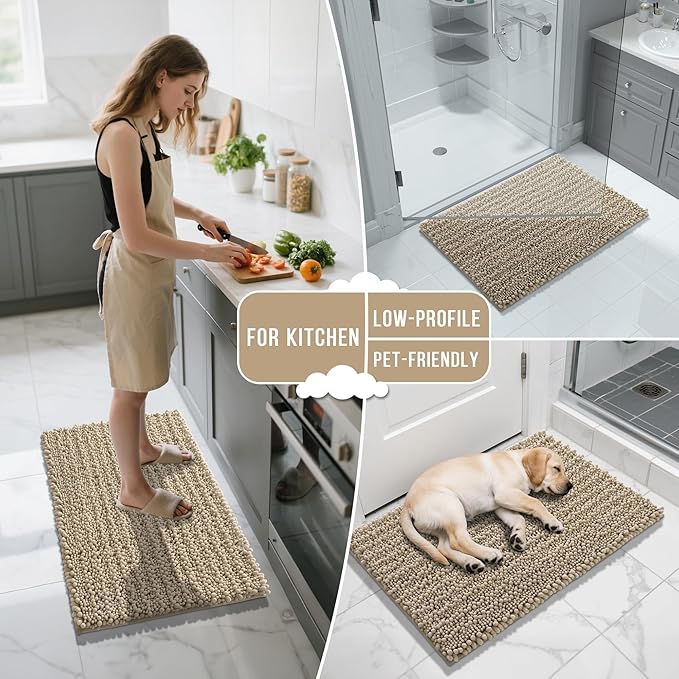 Yimobra Bathroom Rugs Non Slip Washable 24x17 Inch - Ultra Soft Absorbent Chenille Bath Mat, Quick Dry Shaggy Floor Carpet for Tub Shower, Pale Khaki Home Decor Accessories
