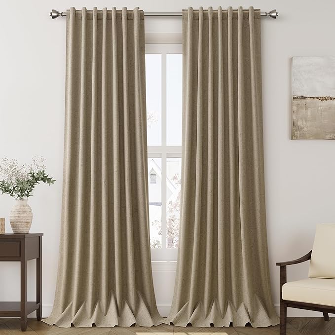 Extra Long Blackout Curtains 108 Inches Long Tan Brown Modern Linen Back Tab Rod Pocket Curtains for Sliding Glass Doors Thermal Light Blocking Floor Length Windows Drapes With White Backing 9Ft