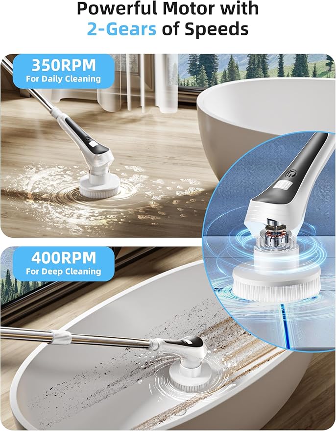 Electric Spin Scrubber,Cordless Shower Scrubber with Power Display Screen,IP68 Waterproof Bath Cleaning Brush,Adjustable Extension Handle & 2 Speeds,Electric Cleaning Brush for Bathroom,Kitchen,Tub