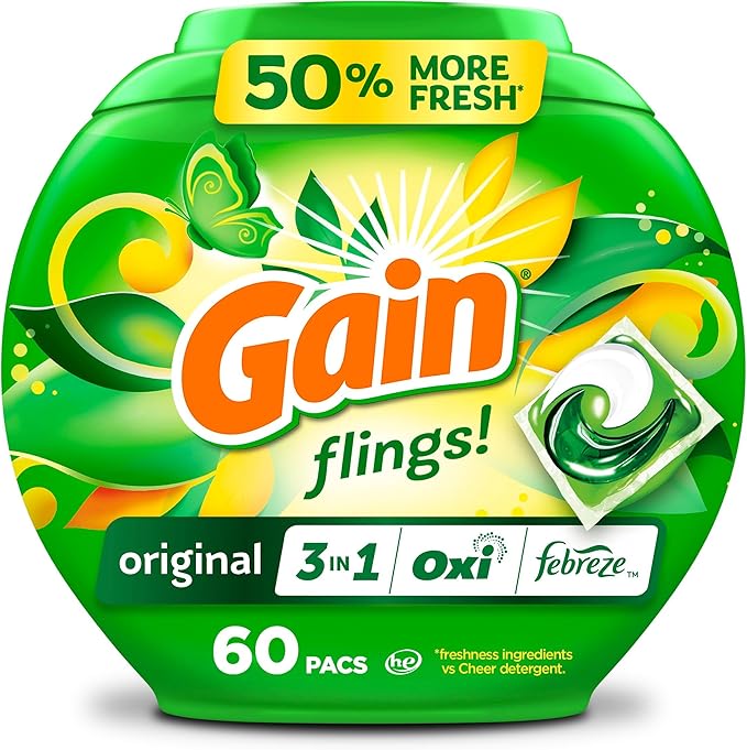 Gain flings! Laundry Detergent Soap Pacs HE Compatible 60 ct Long Lasting Scent Original Scent