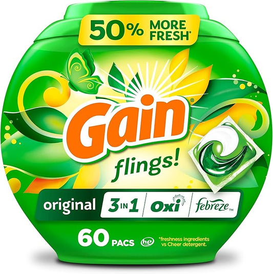 Gain flings! Laundry Detergent Soap Pacs HE Compatible 60 ct Long Lasting Scent Original Scent