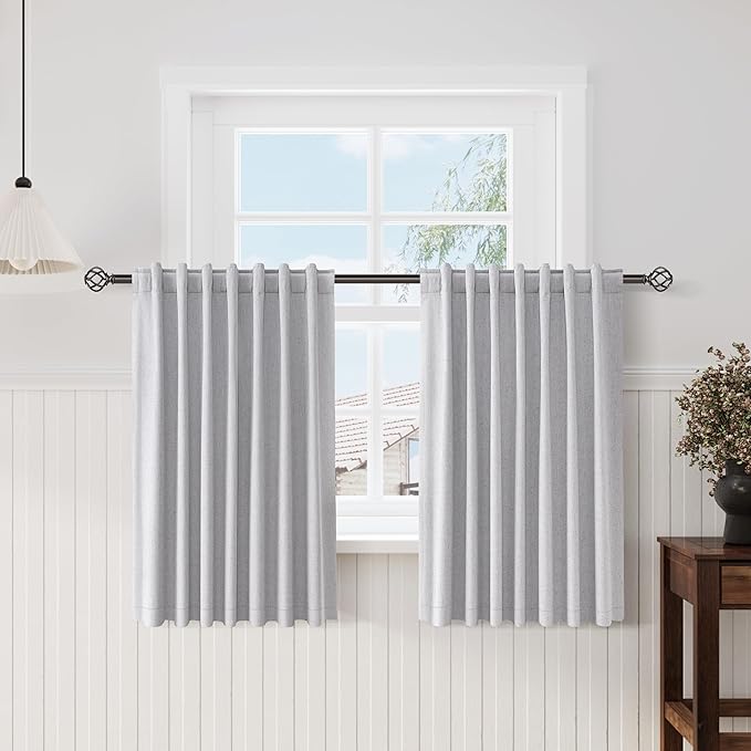 Nanspring Grey 100% Blackout Kitchen Curtains Back Tab Rod Pocket Linen Curtain Thermal Insulated Textured Short Black Out Curtains 2 Panels Set 52x45
