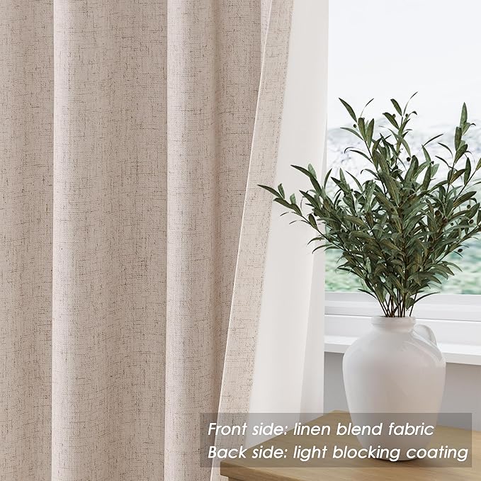 100% Blackout Linen Curtains 84 Inch Length 2 Panels Oatmeal Light Blocking Darkening Living Room Curtains 84 Inches Long Elegant Modern Back Tab Pocket Noise Reducing Drapes for Nursery 52X84