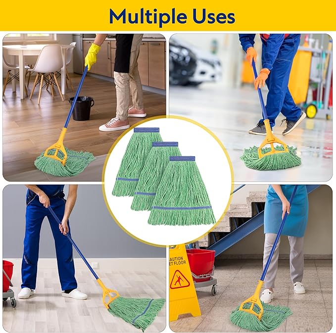 Matthew Cleaning Heavy Duty Mop Head Commercial Replacement for General and Floor Cleaning, Wet Industrial Blue Cotton Looped End String Head Refill (Pack of 12) Green