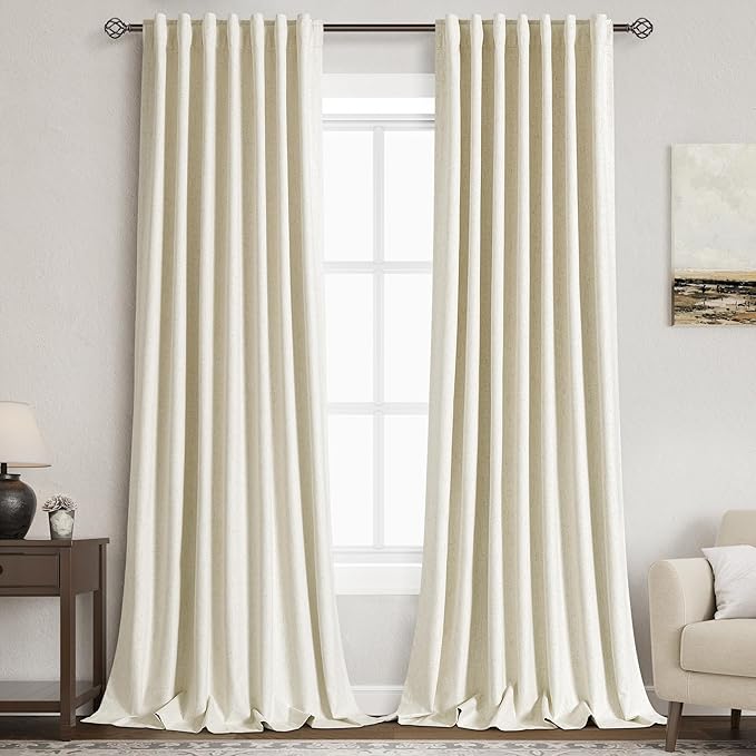Nanspring Warm Beige Linen Blackout Curtains 96 Inches Long Back Tab Cooling Noise Reducing 100% Blackout 2 Panels Set for Bedroom Neutral Rustic Loop Pocket Rod Pocket Curtains Drapes 52x96