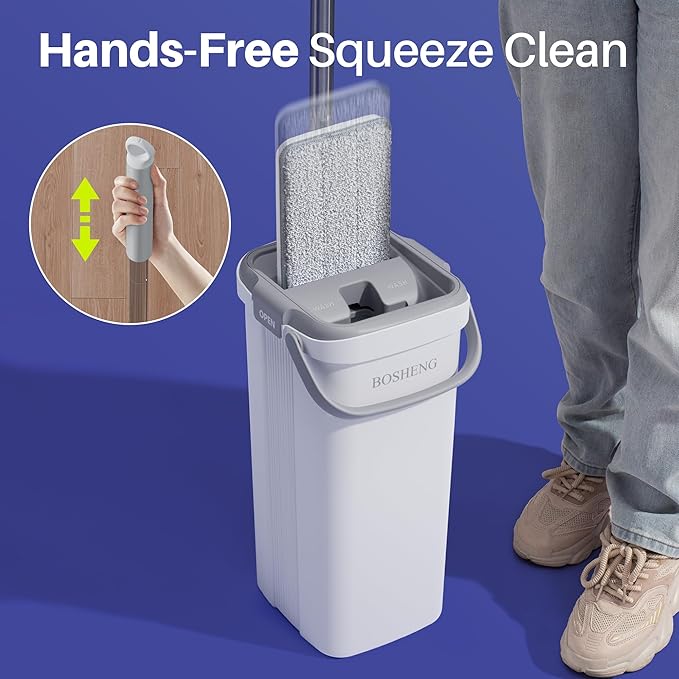 Mop and Bucket Set, Flat Mops for Floor Cleaning, Wall Mop with 60" Extensible Handle, Hardwood Floor Mop with 6 Microfiber Pads