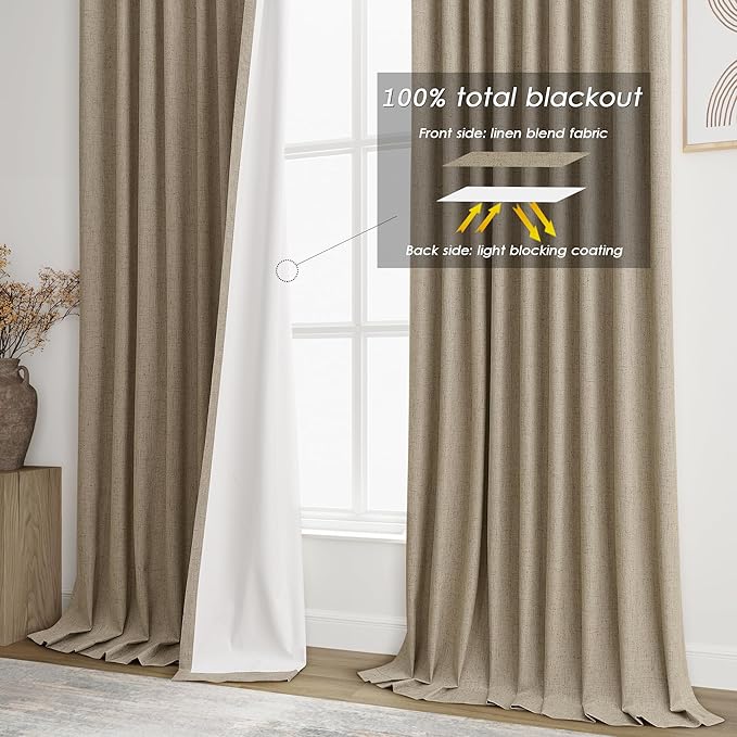 Extra Long Blackout Curtains 108 Inches Long Tan Brown Modern Linen Back Tab Rod Pocket Curtains for Sliding Glass Doors Thermal Light Blocking Floor Length Windows Drapes With White Backing 9Ft