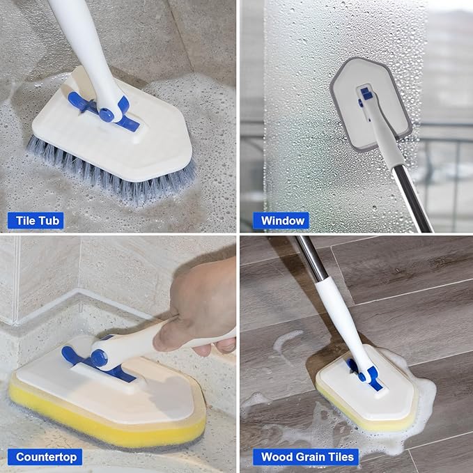 Tile Tub Scrubber Brush with 52-inch Adjustable Long Handle 3-in-1 Rotatable Shower Brush for Cleaning，3 Different Replacement Brush Heads for Cleaning Tub Tile Bathroom Kitchen Walls ，Blue