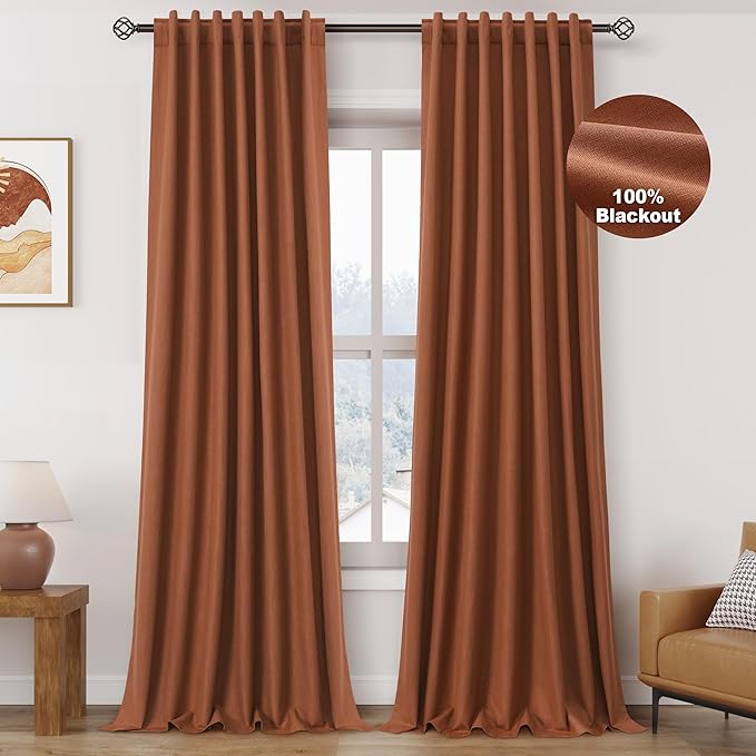 Nanspring Terracotta Linen 100% Blackout Curtains 105 inch Length Back Tab Rod Pocket Drapes Thermal Insulated Textured Living Room Black Out Curtains 2 Panels Set 52x105