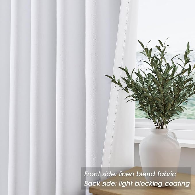 White Linen Blackout Curtains, 120 Inch Length 2 Panels Set Burg Extra Long 10 Ft Back Tab Pocket Drapes Cotton Textured Total Sun Blocking Curtains for Living Room Cottage High Window Pure White