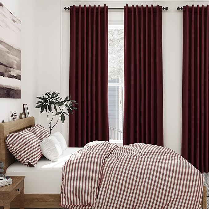 Full Black Out Burgundy Window Curtains 96 Inches Long Back Tab Rod Pocket Thermal Insulated Noise Cancelling Room Darkening 2 Panels Set for Nursery Boho Farmhouse Curtains Drapes 52x96