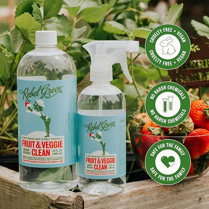 Rebel Green Fruit & Veggie Clean - Plant-Based Produce Cleaner - Natural Fruit and Vegetable Wash with No Aftertaste - Chemical & Wax Removal - Made with Organic Extracts of Citrus - 2 Pack 16 FL OZ