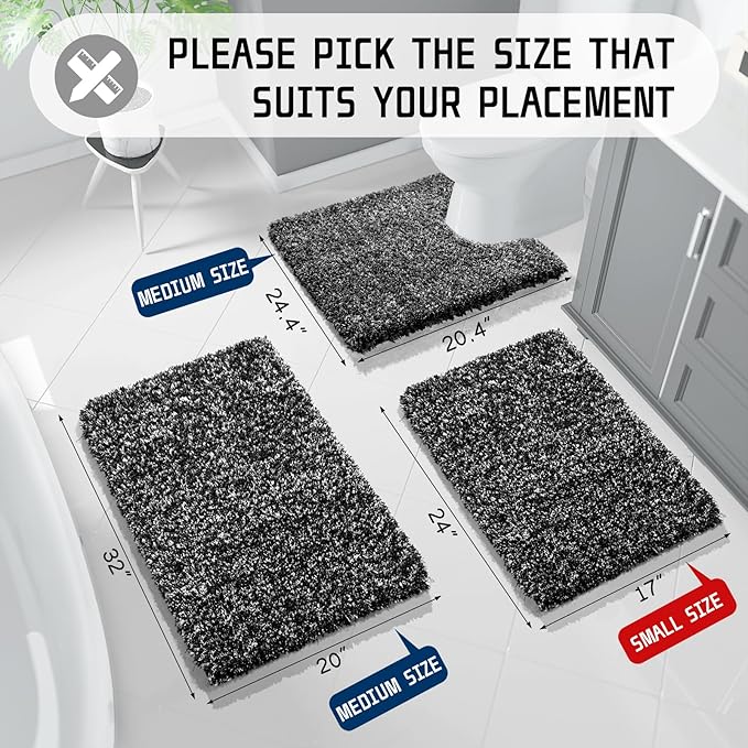 Yimobra Bathroom Rugs Sets 2 Piece, Soft Absorbent Bath Mat and U-Shaped Toilet Rug with Non Slip Backing, Machine Washable, Plush Shaggy Bath Mats for Bathroom, 32"x20"+24"x20", Black and White