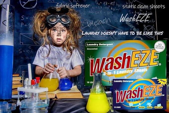WashEZE 3-in-1 Laundry Detergent Sheets - 20 Loads Fresh Scent Liquidless Soap Sheet-Detergent, fabric softener and more -Travel Approved, College, Camping, and RV Laundry Detergent - Made in USA
