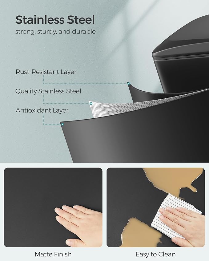 SONGMICS Slim Trash Can, 13-Gallon (50 L) Garbage Can for Narrow Spaces with Soft-Close Lid, Inner Bucket, and Step-on Pedal, Stainless Steel, 15 Trash Bags Included, Black ULTB510B48