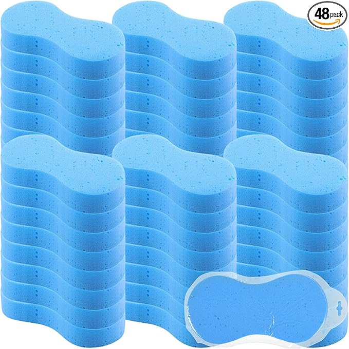 Vesici 48 Pack Car Wash Sponges Large Sponges Bulk Big All-Purpose Scrubber Thick Foam Car Cleaning Supplies for Washing Boat Kitchen Household with Single Vacuum Compressed Packing (Blue)