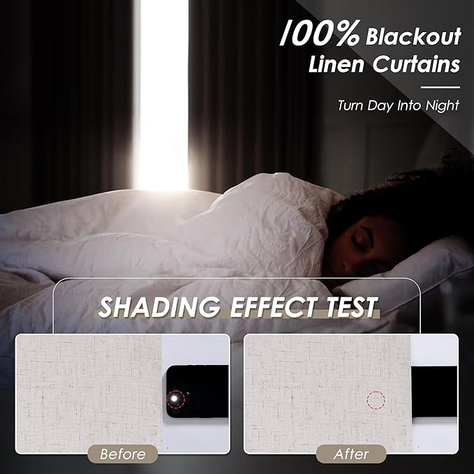 Extra Long Blackout Curtains 108 Inches Long Champagne Modern Linen Back Tab Curtains for Sliding Glass Doors Thermal Darkening Light Blocking Floor Length Windows Drapes with White Liner 52x108
