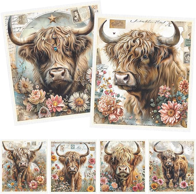 Highland Cow Swedish Dishcloths for Kitchen 6PCS Floral Highland Cow Swedish Cloths for Washing Dishes Reusable Flower Animals Themed Washable Cotton Kitchen Towels for Home Supplies
