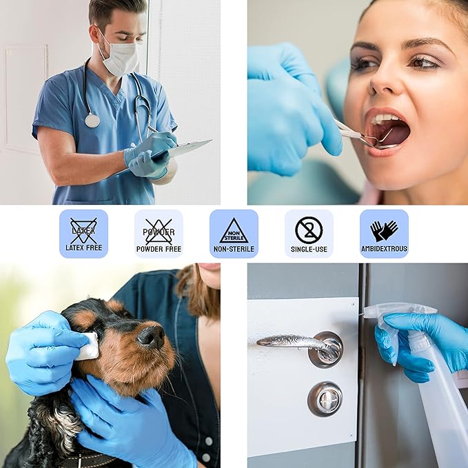 Safe Health NITRO-V Nitrile-Vinyl Synthetic Exam Disposable Gloves, Latex Free, Powder Free, Blue, Box of 100, Large, Medical Grade, Clinic, Nursing, Food, Hair Salon, Cleaning, Housework