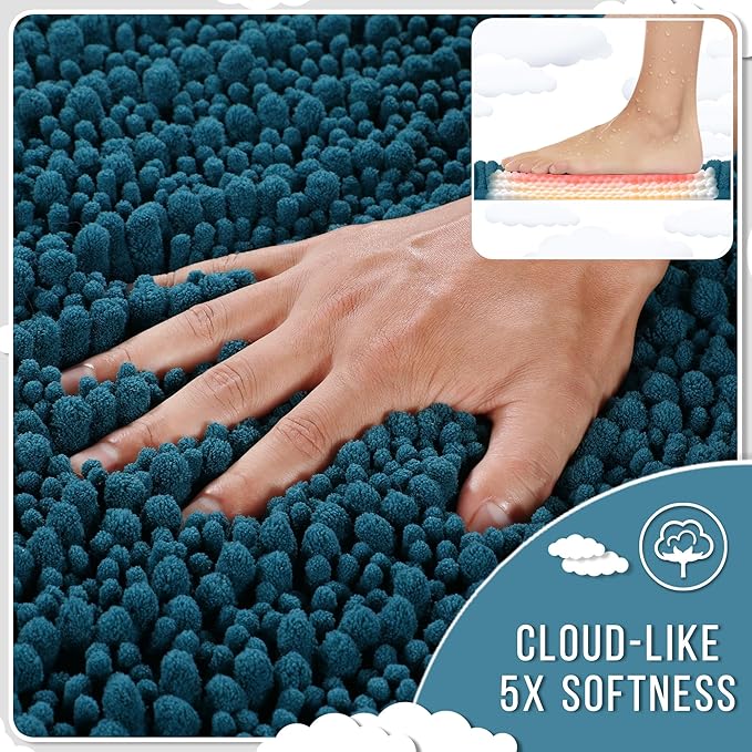 Yimobra Bathroom Rugs Non Slip Washable 24x17 Inch - Ultra Soft Absorbent Chenille Bath Mat, Quick Dry Shaggy Floor Carpet for Tub Shower, Peacock Blue Home Decor Accessories